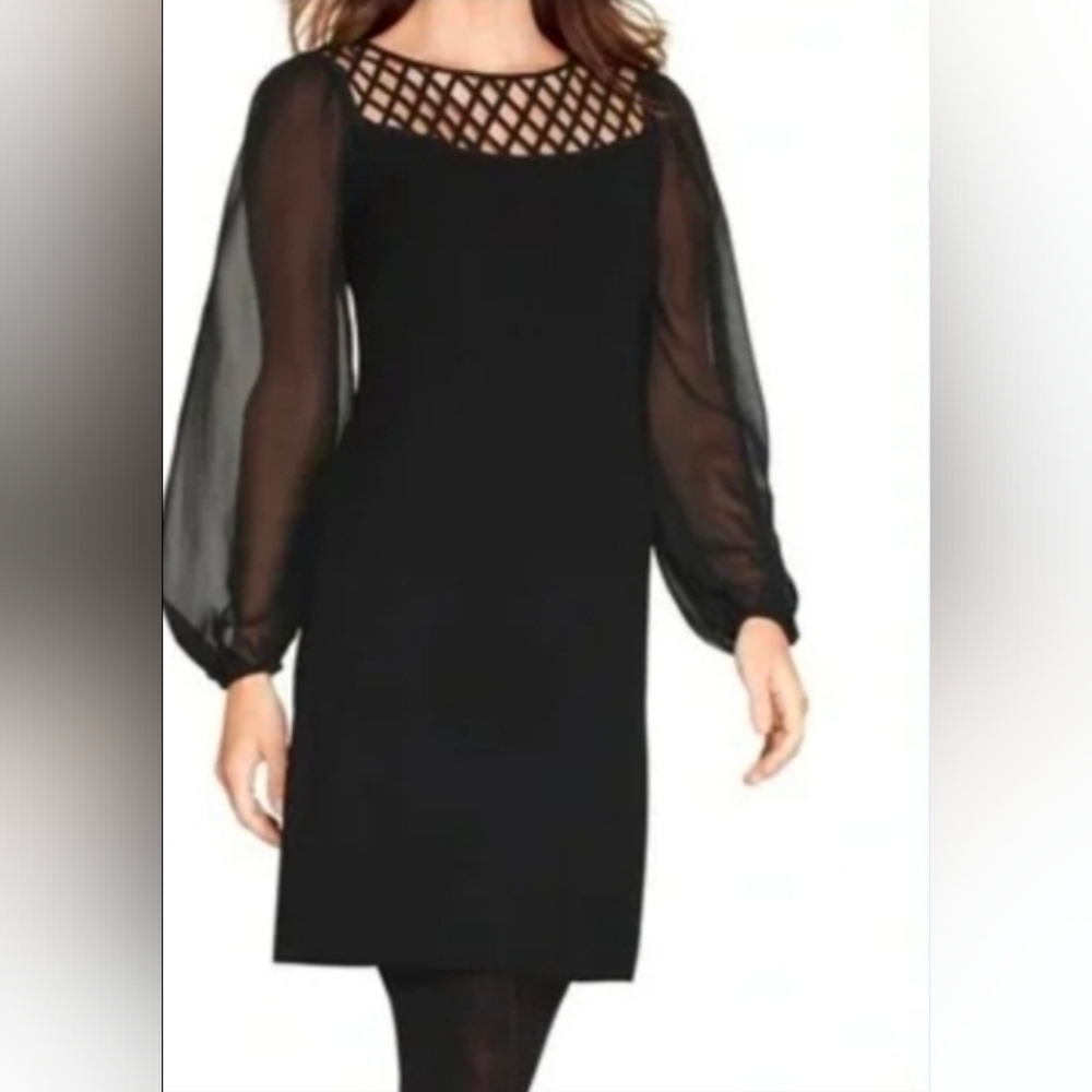 WHITE HOUSE BLACK MARKET PLUS SIZE 14‎ BLACK DRESS LATTICE YOLK SHEER GUC